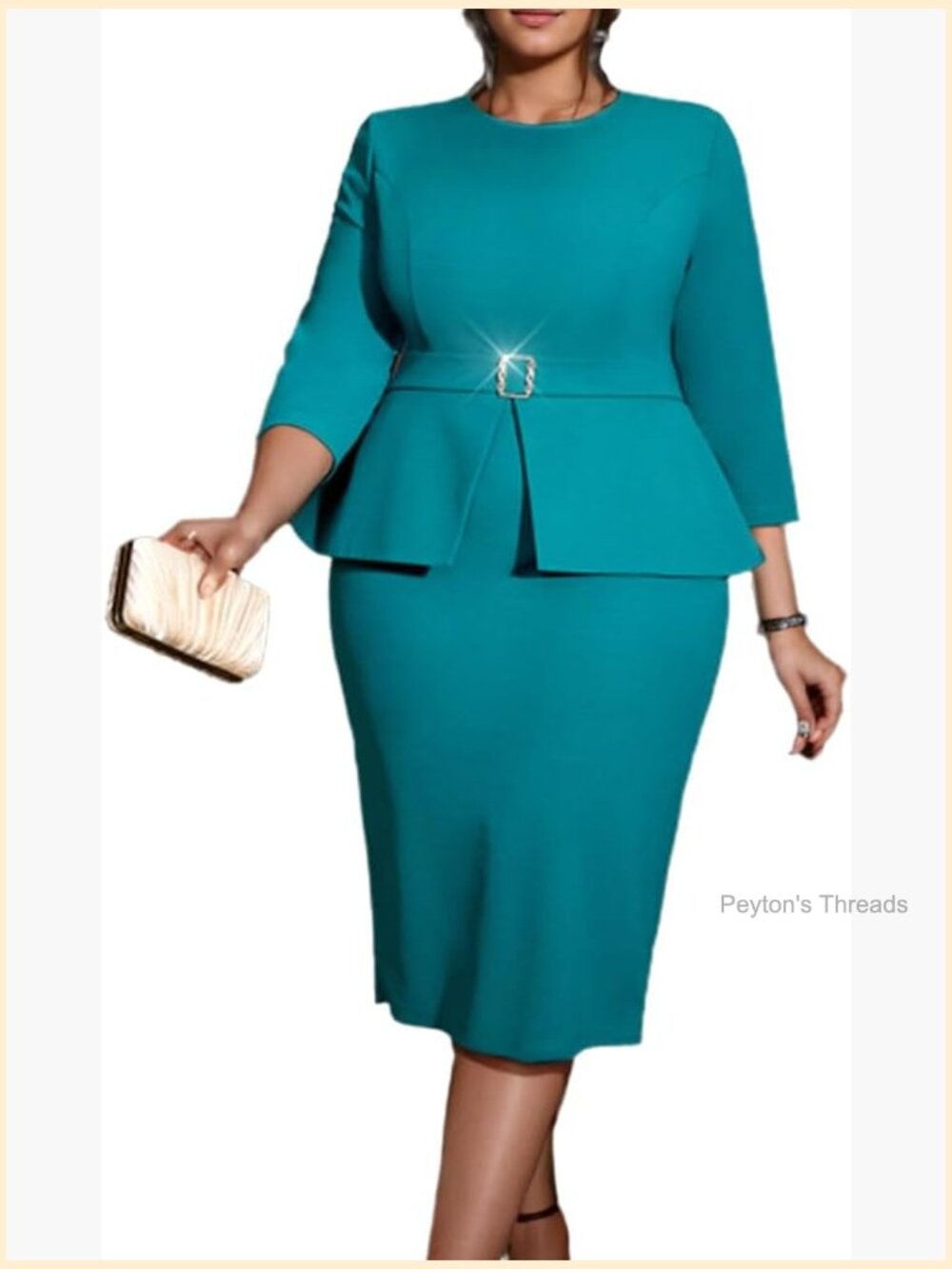 Plus Size Midi Dress with Peplum Waist 3/4 Sleeve Bodycon Pencil Dress for Work